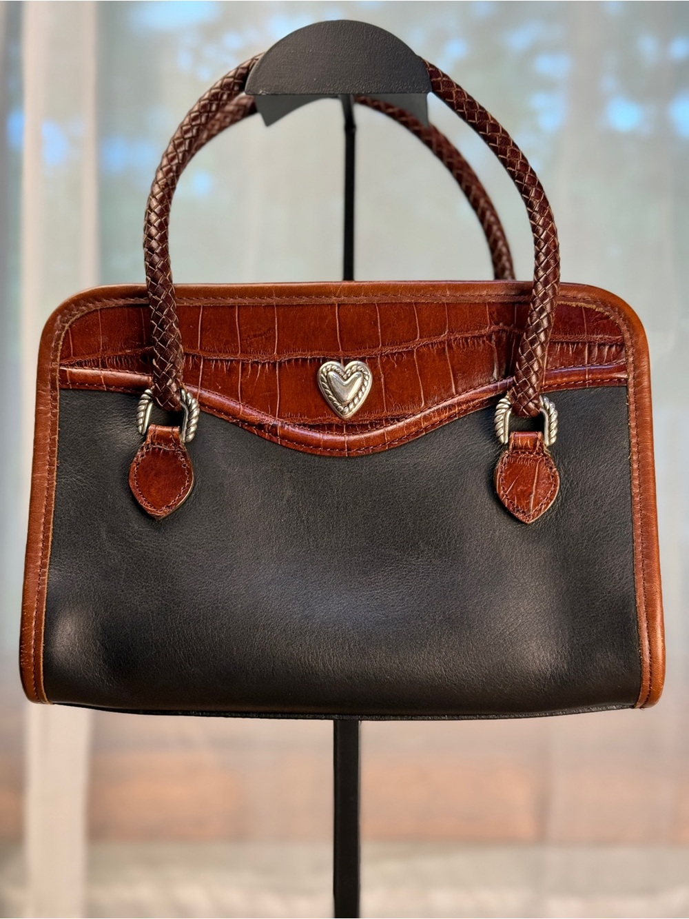 Brighton Leather Satchel Croc Trim Braided Handles Heart Charm Crossbody EUC